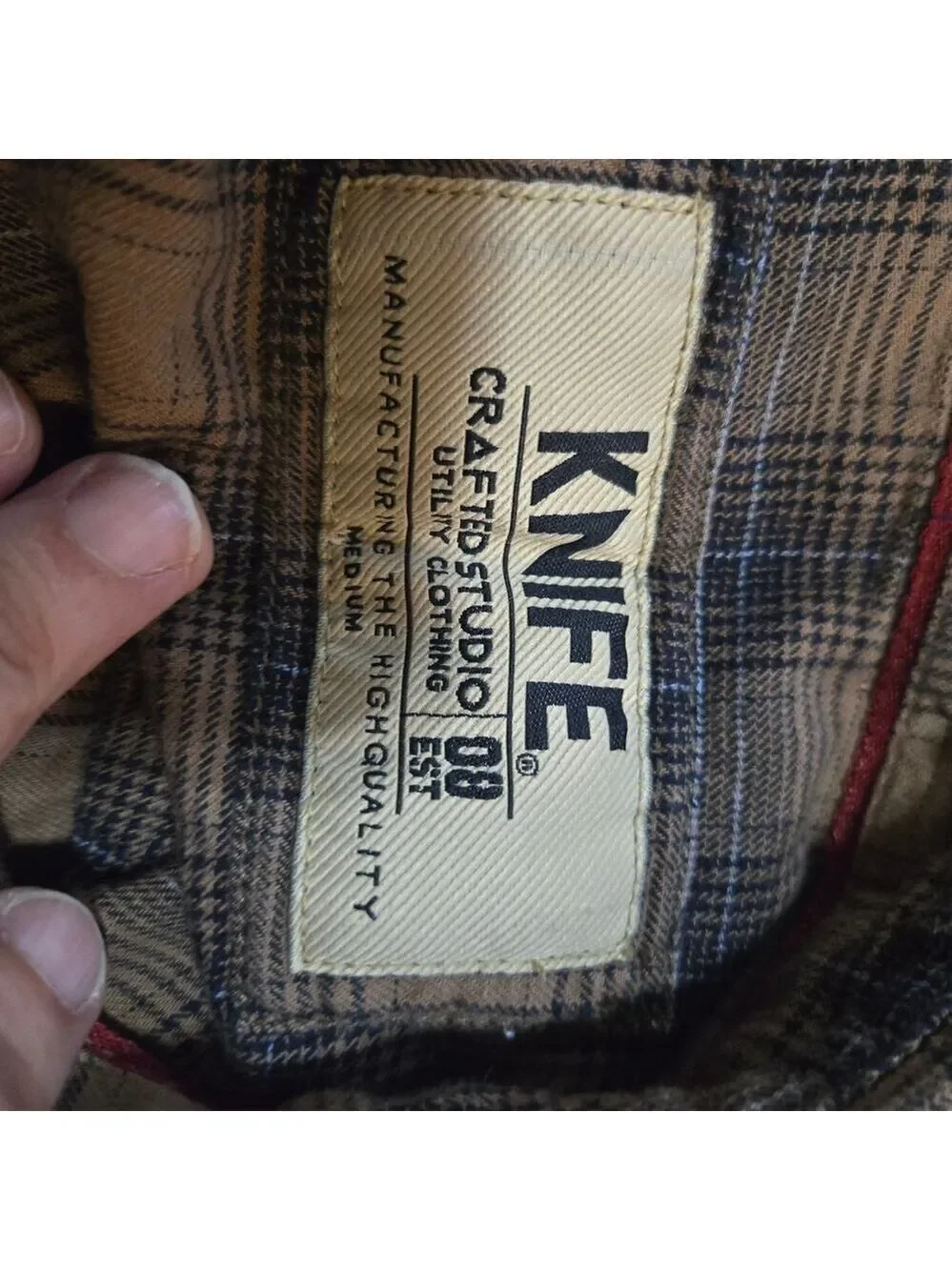 Knife Plaid Flannel Shirt Medium Brown Cotton Button Up